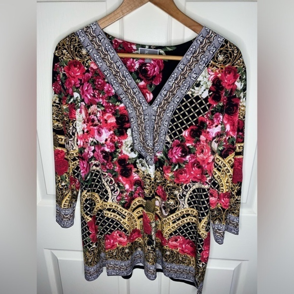 JM Collection Colorful Rose Floral Top with Rhinestone Embellishments, Tunic